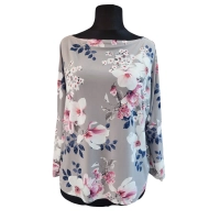 Popielata bluzka z rękawem 3/4 kimono - białe magnolie